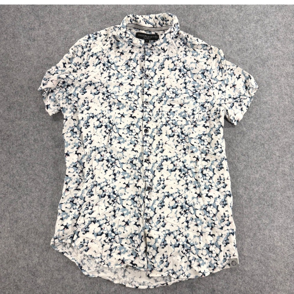 Free Planet Womens Blue White Floral Viscose Short Sleeve Button Down Shirt S